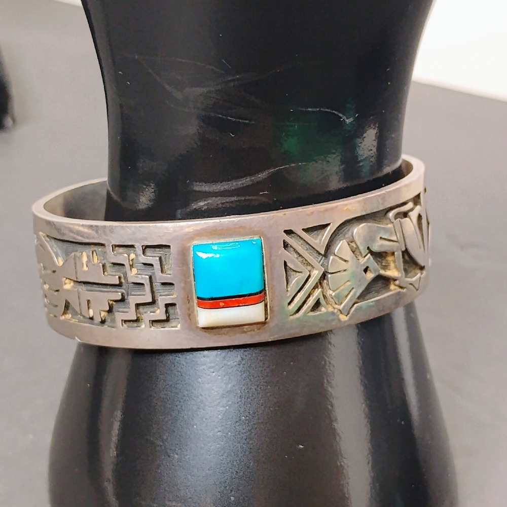Navajo Sterling Silver Turquoise Corral White Stone Inlay Channel Style Cuff
